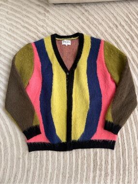 Good Days Mohair Multicolor Striped V-Neck Mohair Cardigan - Pink/Yellow/Blue